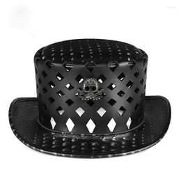 Berets Men Punk Style PU Leather Flat Top Jazz Hat Halloween Cosplay Party Cap Magic Cylinder Dress Women Bucket