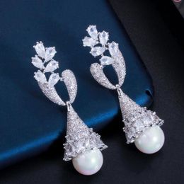 Dangle & Chandelier ThreeGraces Elegant Cubic Zirconia Long Geometric Drop Pearl Earrings For Women Wedding Jewelry Accessories Gi181J
