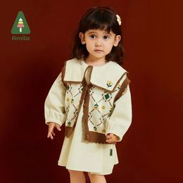 Clothing Sets Amila Children Dress Autumn Corduroy Fabric Square Lapel Contrasting Flower Embroidery For Girls Sleeves Baby Clothes 231006