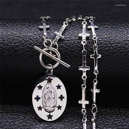 Pendant Necklaces Catholic Virgin Cross Stainless Steel Small Necklace For Women Silver Color Jewelry Collares NXS05