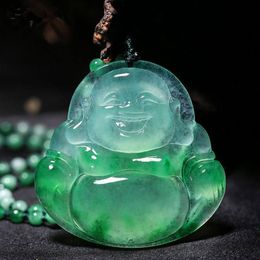 Maitreya Buddha statue carved jade pendant natural Chinese white green jade smile Necklace Jewelry2814