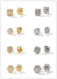 Hip Hop Iced Out CZ Square Cross Earrings Gold Silver Plated Diamond Round Earring for Men Women