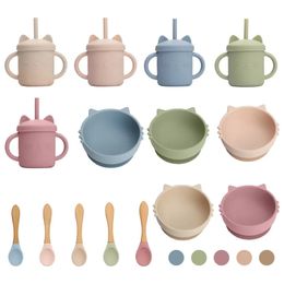 Cups Dishes Utensils 3PCS/Set Baby Silicone Sucker Bowl Plate Cup Spoon Sets Children Non-slip Tableware Baby Feeding Dishes BPA Free 231007