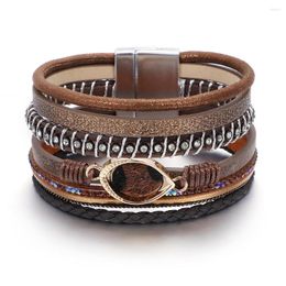 Link Bracelets Ethnic Style Hand Woven Multi-layer Leather Eyes Leopard Bracelet For Women Charm Alloy Magnet Clasp Jewellery