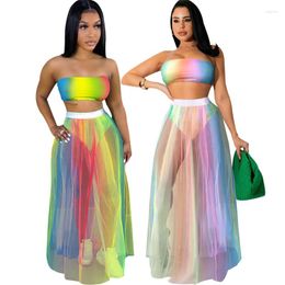 Women's Tracksuits Ladies Tie-Dyed Striped Tube Top T-Shirt With Briefs And Elastic Waist Pleated Skirt Summer Beach Travel Casual Suit