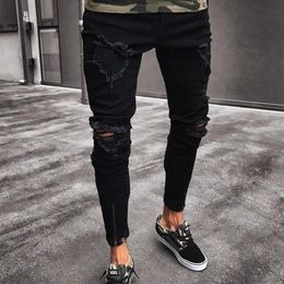 Black Rock Pants Tight Fitting Zipper Washed Trousers Jeans Hip Hop Casual Feet Pants for Men264u