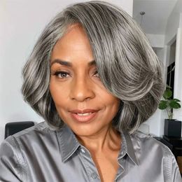 Short Bob Salt And Peppe Glueless 13x1 T right side part Frontal Lace Closure Wig Natural Wave Grey Brazilian Human Hair Lace Wig For Black Women
