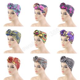 New African Pattern Print Knot turban Elastic Hair Band Bonnet Women's Party Headpiece Muslim Headwrap Chemo Cap Turbante Mujer