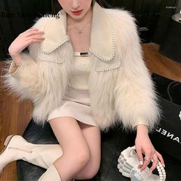 Women's Fur RUN XIANG CHENG Pearl Doll Collar Grass Coat Autumn One Piece Beaded Fashion