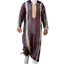 Men's Casual Shirts Muslims Men Robe Striped Print Hooded Long Sleeve Lapel Male Traditional Clothing Plus Size Loose Kaftan 189S