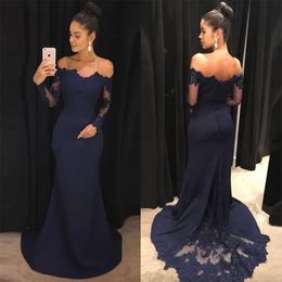 Long Dark Navy Sleeve Evening Dresses Off Shoulder Lace Sweep Train Satin Mermaid Formal Prom Party Gowns