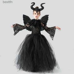 Theme Costume Black Feather Halloween Comes for Girls Kids Devil Witch Long Tutu Dress with Horns Wings Children Evil Queen Cosplay OutfitL231007