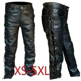 2019 Men's Thick Leather Pants Black Side Laces Up Jeans Style Long Pant Motorcycle Leather Trousers for Men Bike Pants Male184h