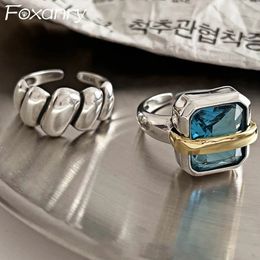 Wedding Rings Foxanry Fashion Blue Zircons Engagement Rings for Women Couples Vintage Handmade Irregular Geometric Party Jewelry Gifts 231007