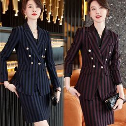 Two Piece Dress Elegant Women Formal Skirt Suits Blue Stripe Blazer Business Sets Office Lady Work Wear Uniform 2023 Autumn