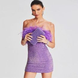 Casual Dresses 2023 Summer 3 Colors Sparkly Sequined Women Sexy Sleeveless Strapless Feather Dress Rayon Bandage Nightclub Party