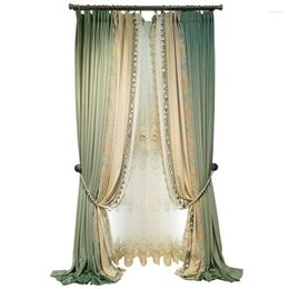 Curtain French Luxury Villa Velvet Cloth Curtains Green European-style Embroidery Stitching Lace Floor For Living Room