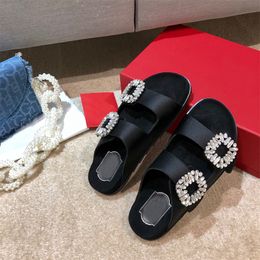 Black rhinestone designer Classic fashion calfskin low heel slippers Women's flats White luxury summer sandals Outdoor casual flip-flops