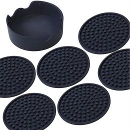 New 4.3inch 6pcs/set Black Round Silicone Drink Coasters Cup Mat Cup Costers Tableware with holder 60pcs