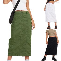 Skirts White Midi Jeans Skirt 2023 Summer Women High Waist Denim Cargo Fashion Big Pocket Woman Sexy Back Split Streetwear