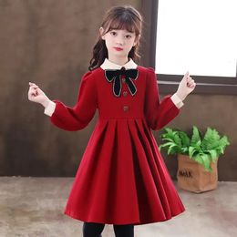 Girl's Dresses European teens Children Clothes winter Autumn Girls Christmas Dress Kids bow princess button pleated skirt 4 to 12 year 231007