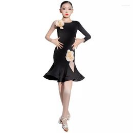 Stage Wear Latin Dance Dress Girls Professional Performance Practice Black Separate Competition Grade Children
