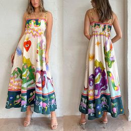 2023 Australian Designer Fancy Womens Long Dress Abstract Pattern Gathered Waist Sleeveless Women's Halter Print Sleeveless Swing Dress