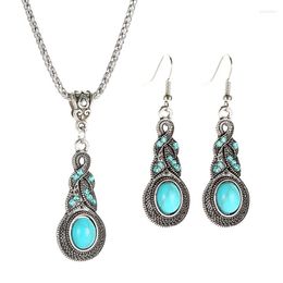 Necklace Earrings Set Fashion Vintage Design Ethnic Blue Stone Jewelry Tibetan Silver Turquoise Pendant Personality