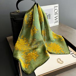 Green Gold Peony Flower 100% Mulberry Silk Scarf 70cm Square High-end Silk Scarf