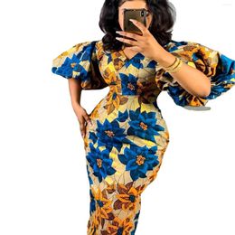 Ethnic Clothing African Print Dresses For Women Elegant V-neck Short Lantern Sleeve High Waist Party Wedding Gowns