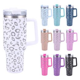 Mugs 40oz Leopard Print Style Car Thermos Cup with Handle Coffee Insulated Tumbler Straw Stainless Steel Car Vacuum Flasks 231007