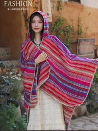 Scarves Poncho Woman Vintage Long Tassel Shawl Winter Stripe Split Thermal Cape Hooded Doublesided Pashimina Scarf 231007