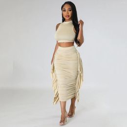 Work Dresses Felyn 2023 High Quality Design 2 Pcs Women Set Solid One Shoulder Tops Midi Dress Summer Sexy Outfits