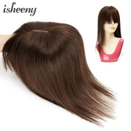 Lace Wigs Isheeny 8" 10" 12" 14" 18" Center Part Human Hair Pieces Brown Color Women Topper With Bangs 13x13cm Base 100% Human Hair 231006