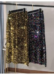 Skirts Thickened French High-waisted Slim Versatile Mid-length Skirt With Hip Wrap Slit Black Sequin For Women