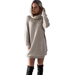Casual Dresses Autumn Winter Solid Knitted Cotton Sweater Long Sleeve Turtleneck Dress Roll Neck Jumper Ladies Mini
