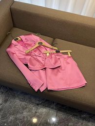 2023 Autumn Pink Solid Color Two Piece Dress Sets Long Sleeve Notched-Lapel Double-Breasted Blazers Top With Camisole and Short Skirt Suits Set O3O061201