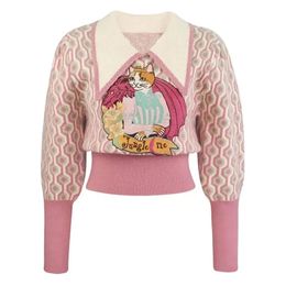 Rosa dos desenhos animados bordado camisola pulôver feminino vintage elegante elegante senhoras topos outono inverno manga longa moda jumpers