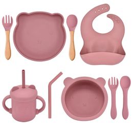 Cups Dishes Utensils 5/7/9 PCS Baby Feeding Tableware Set Baby Soft Silicone Bib Sucker Bowl Plate Cup Spoon Fork Sets Non-slip Children's Dishes 231007