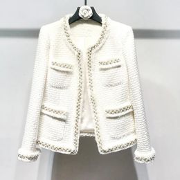 Women's Jackets White tweed women jacket Hand-made beads spring autumn winter Woollen coat Wool classic jacket Ladies 231007