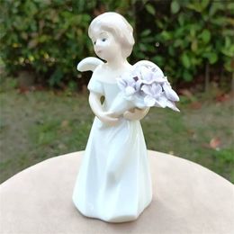 Decorative Objects Figurines Porcelain Emily Angel Miniature Handmade Ceramics Flower Girl Figurine Home Angel Decor Craft Accessories 231007