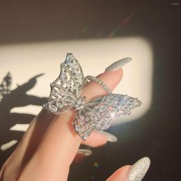 Wedding Rings Silver Luxury Shiny Fairy Big Hollowed Out Butterfly Ring Personality 3D Adjustable For Women's Exaggerated Party