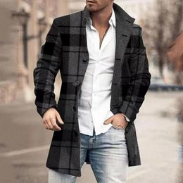 Men's Trench Coats Single-Breasted Wool Blend Casual Lapel Collar Long Sleeve Jacket Male Spring Autum Fashion Warm Overcoat