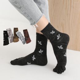 Women Socks 5 Pairs/lot Five Finger Women's Winter Thick Flowers Sweat Absorbing Warm Hair Split Toe