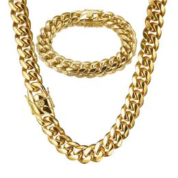 10mm 12mm Men Women Hiphop Cuban Link Chain Necklace Bracelet 316L Stainless Steel High Polished Casting Jewellery Sets Choker Chain283o