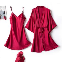 Women's Sleepwear Summer Satin Silk Pyjamas Sexy Women Solid Colours Spaghetti Strap Nightdress Lingerie Robes Set Underwear N305l