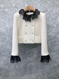 Women's Jackets Ladies Autumn Lace Collar Tweed Woolen Double Breasted Short Coat S M L XL