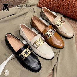 Slippers 2023 High End Luxury Oxford Shoes Ladies Preppy Leather Sneakers Woman Metal Chain Loafers Big Size 4243 Plush Cotton Fur Flats 231006