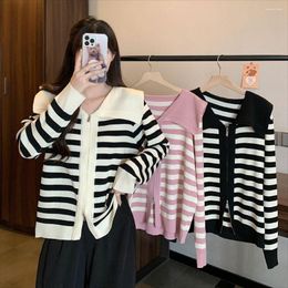 Women's Jackets Oversize Women Knitting Zipper Cardigans Outerwear Korean Style Sailor Collar Sweater Striped Long-sleeved Knitted Shirt