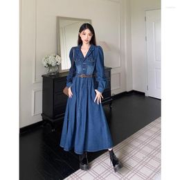 Casual Dresses Women Denim Dress Hong Kong Style Waist Slimming Knee-high Blue Autumn Design Pleated Skirt Niche Retro Long Slight Strech